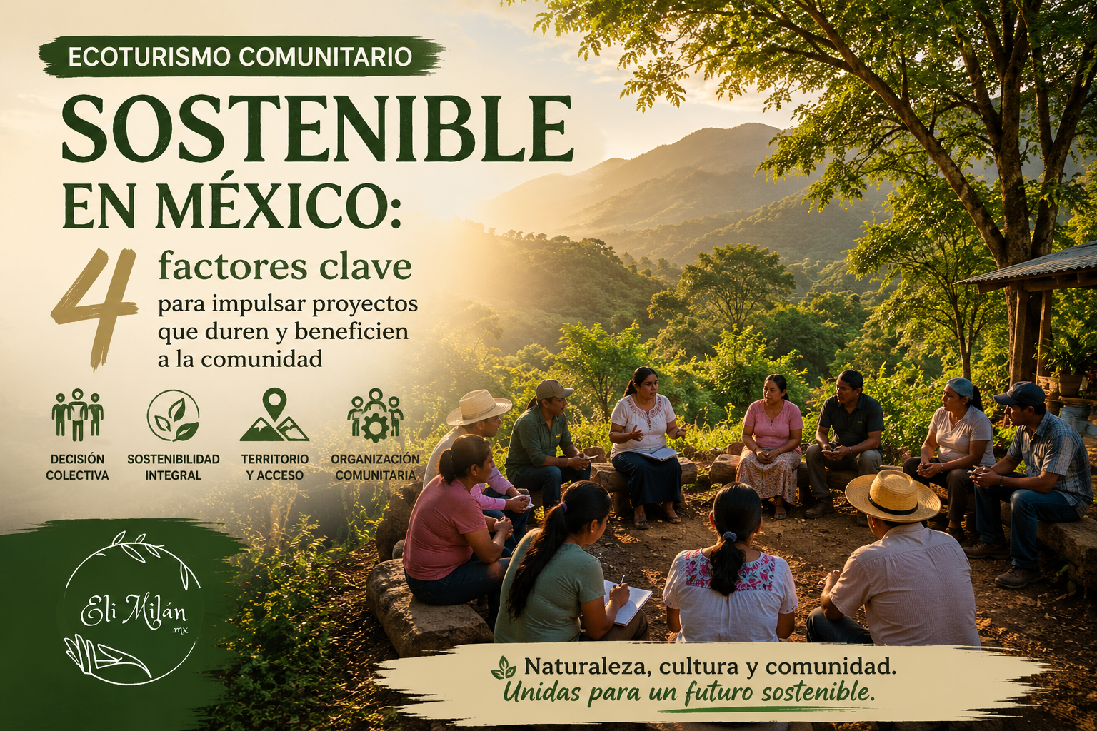 Asamblea comunitaria en un entorno natural de México durante una reunión sobre ecoturismo comunitario sostenible y desarrollo territorial.