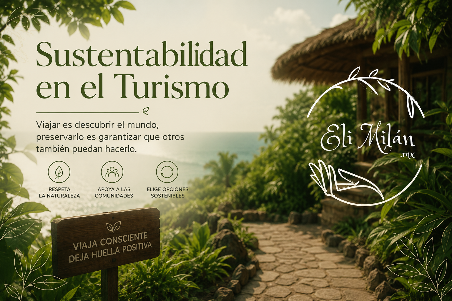 Imagen hero sobre sustentabilidad en el turismo con paisaje tropical ecológico, sendero natural frente al mar y logotipo de Eli Milán integrado visualmente.