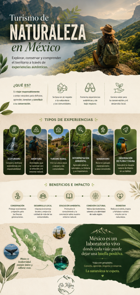 Infografía sobre turismo de naturaleza en México con experiencias de ecoturismo, senderismo, turismo rural y conservación ambiental.