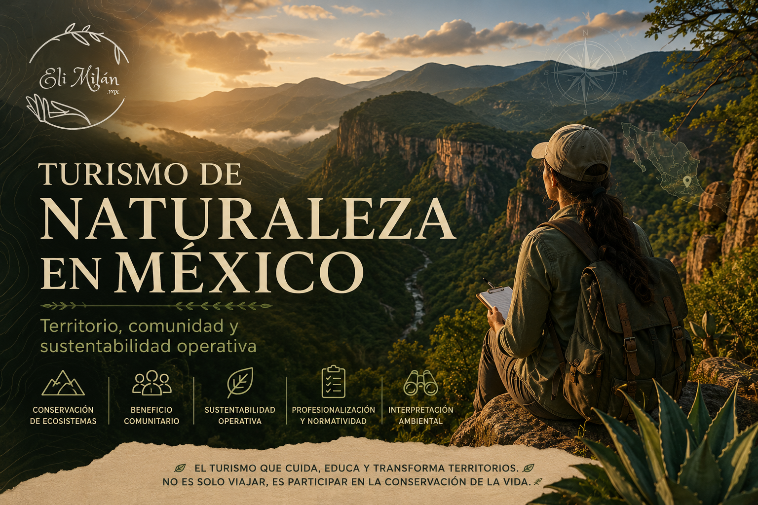 Imagen hero sobre turismo de naturaleza en México con paisaje montañoso, una especialista observando el territorio y elementos visuales relacionados con sustentabilidad, conservación y comunidad.