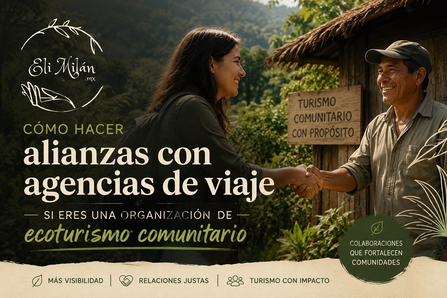 Mujer estableciendo alianza con representante comunitario en proyecto de ecoturismo comunitario rodeado de naturaleza y turismo rural sostenible.