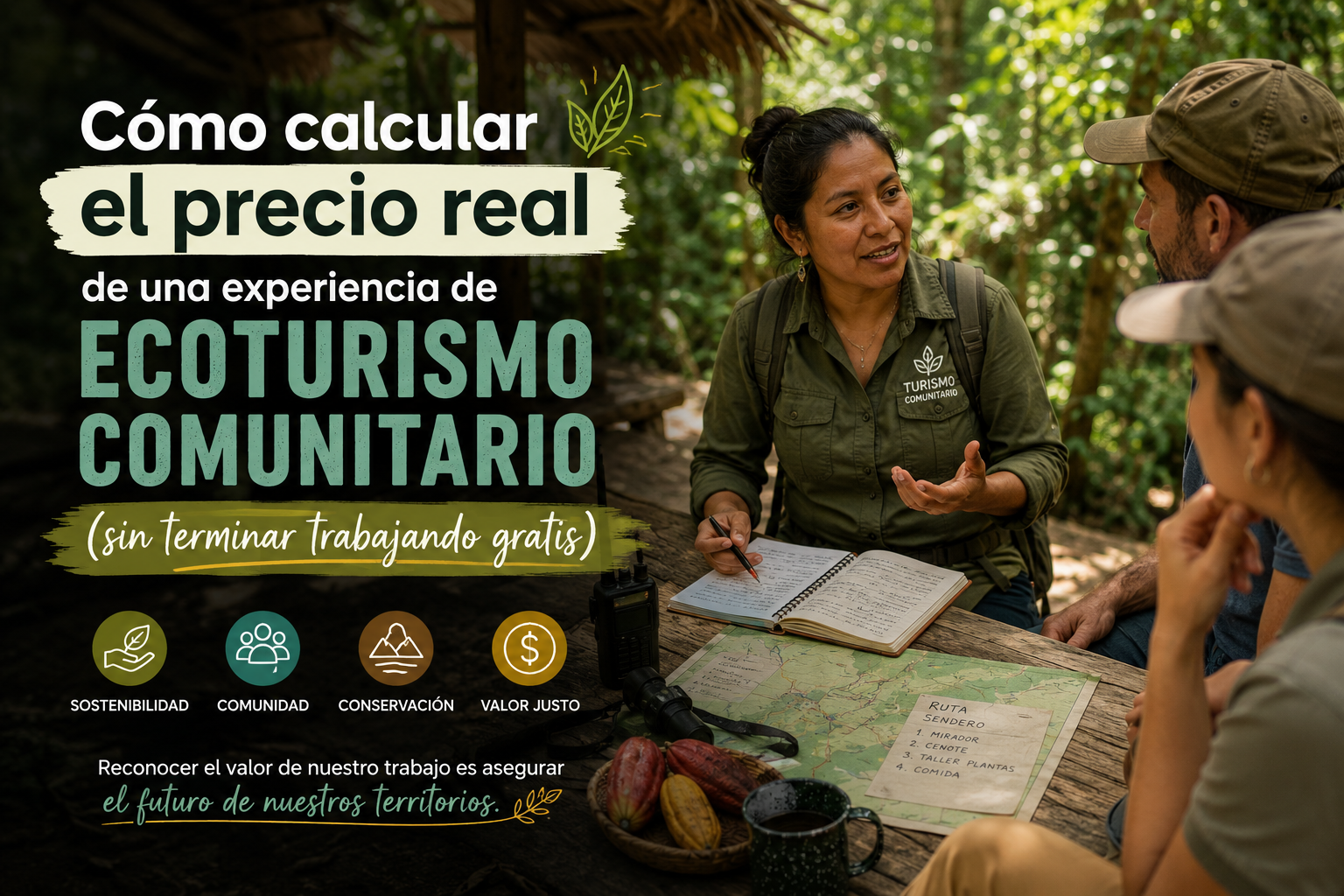 Guía de ecoturismo comunitario explicando cómo calcular precios sostenibles para experiencias turísticas en una comunidad rural de México rodeada de naturaleza