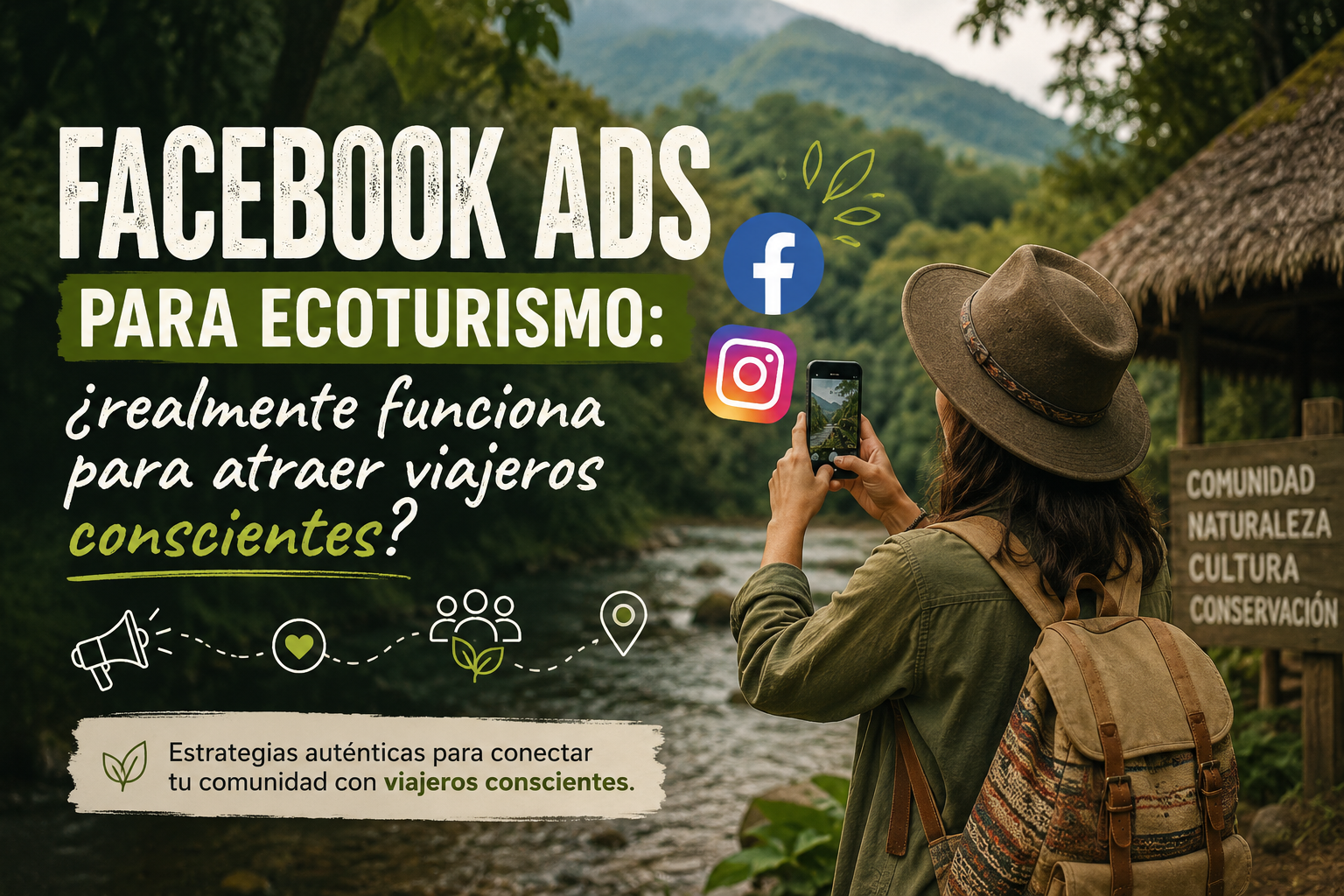 Mujer viajera fotografiando un paisaje de ecoturismo comunitario en la montaña mientras se promociona el artículo “Facebook Ads para ecoturismo: ¿realmente funciona para atraer viajeros conscientes?”, relacionado con marketing digital, turismo sostenible y viajeros conscientes.