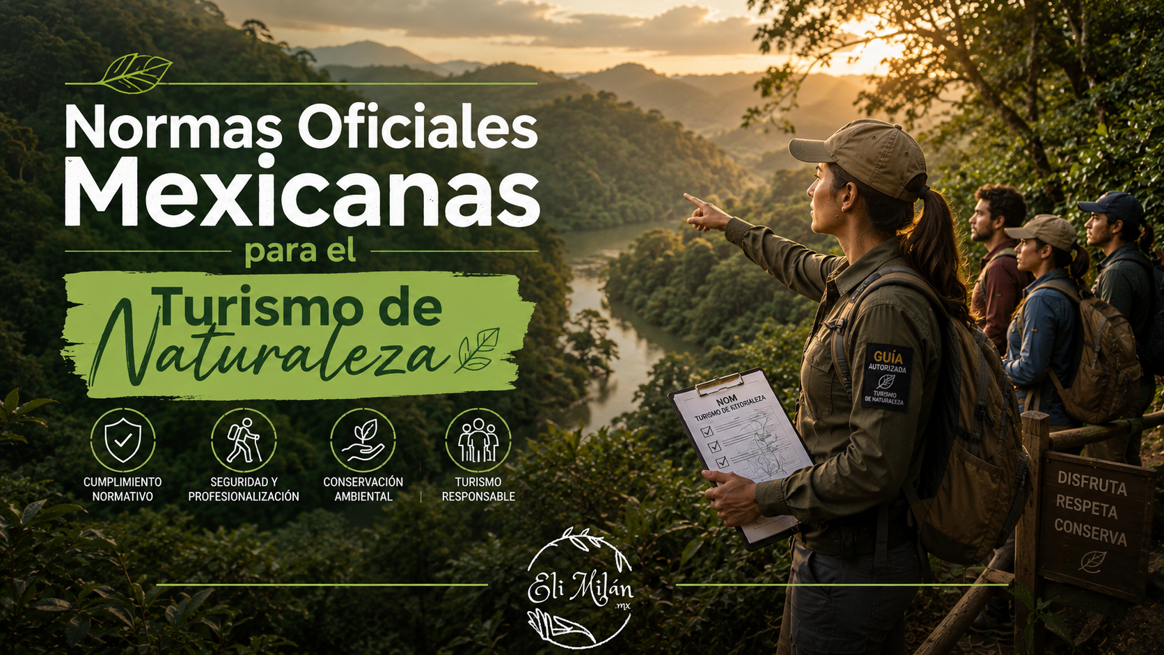Guía especializada en turismo de naturaleza liderando un grupo de excursionistas en un paisaje natural de México durante el amanecer, imagen ilustrativa sobre las Normas Oficiales Mexicanas aplicables al turismo de naturaleza.